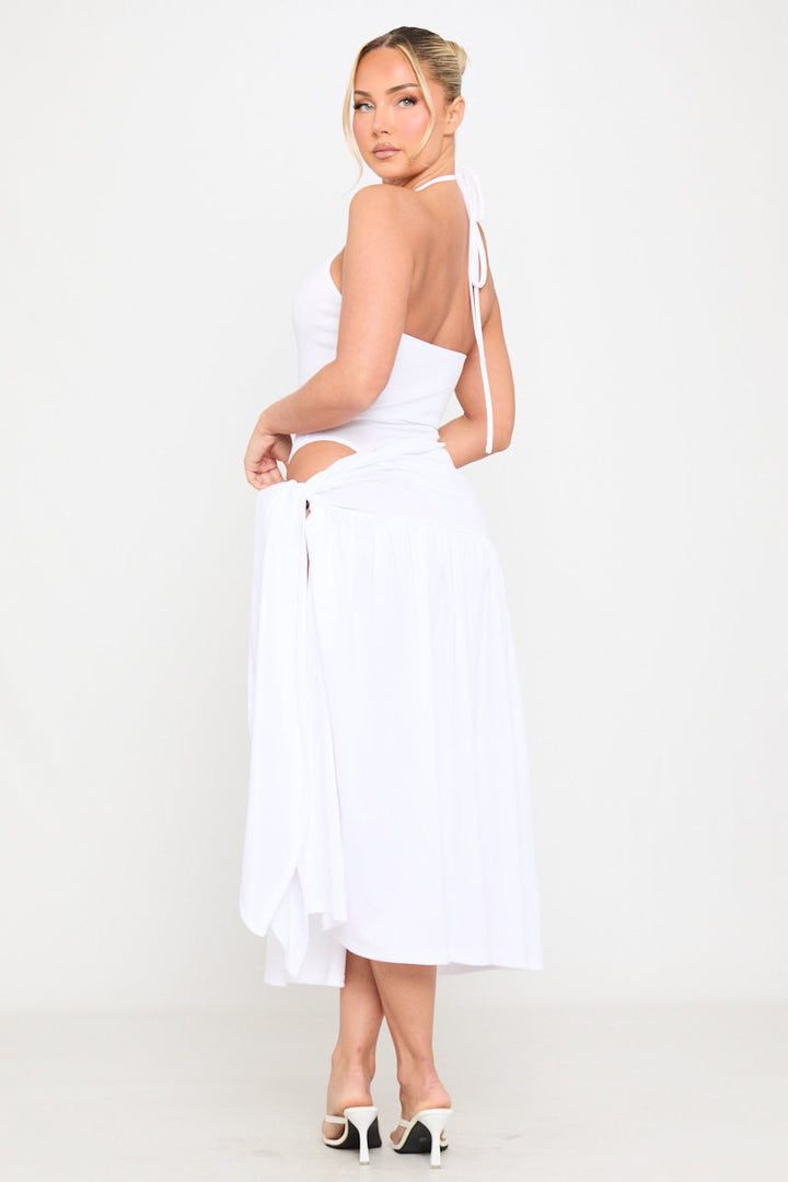 Valantomode | Chic White Plunge Bodysuit & Tie Maxi Skirt Set