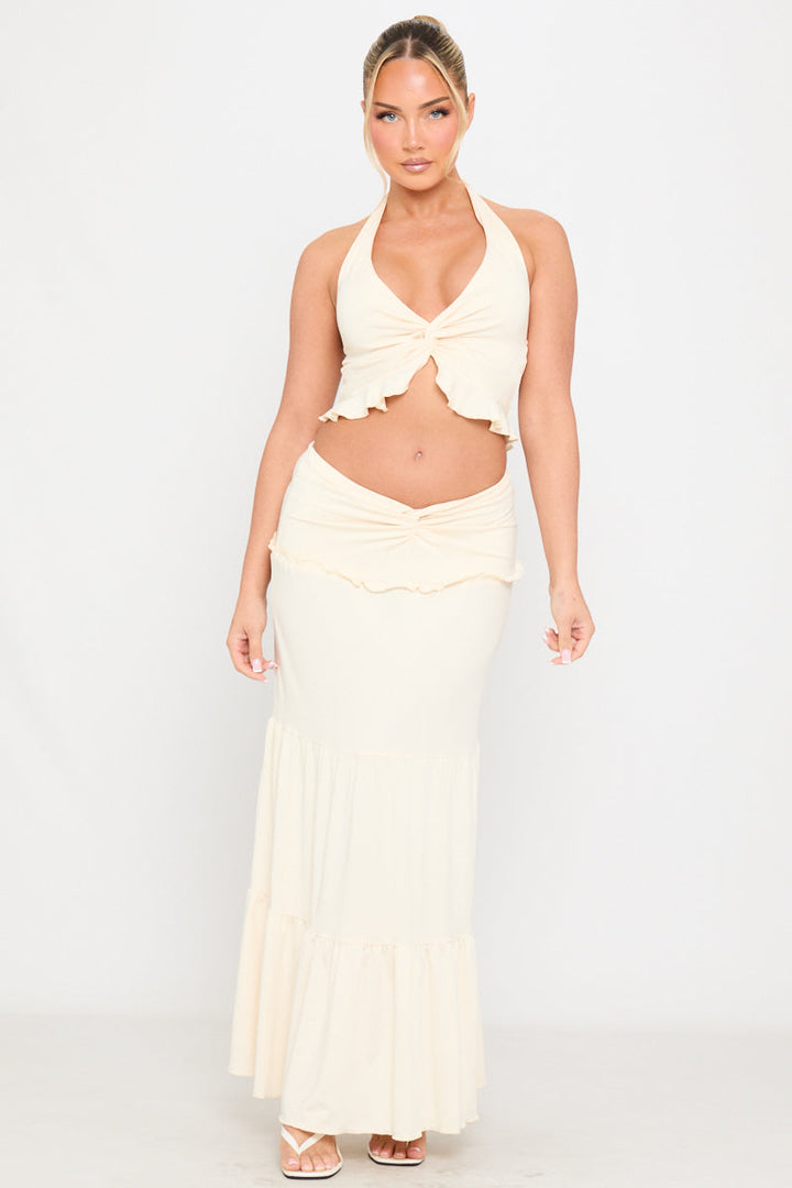 Valantomode | Cream Ruffle Halter Top & Maxi Skirt Set