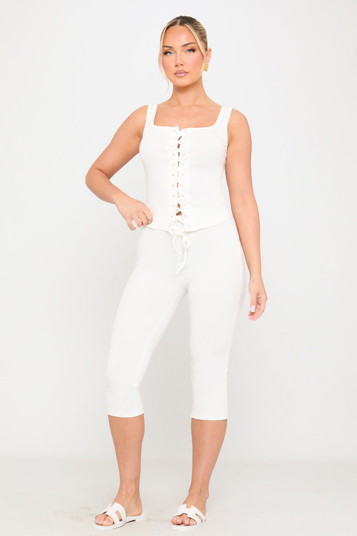 Valantomode | Chic White Corset Tie Top & Capri Pants Set