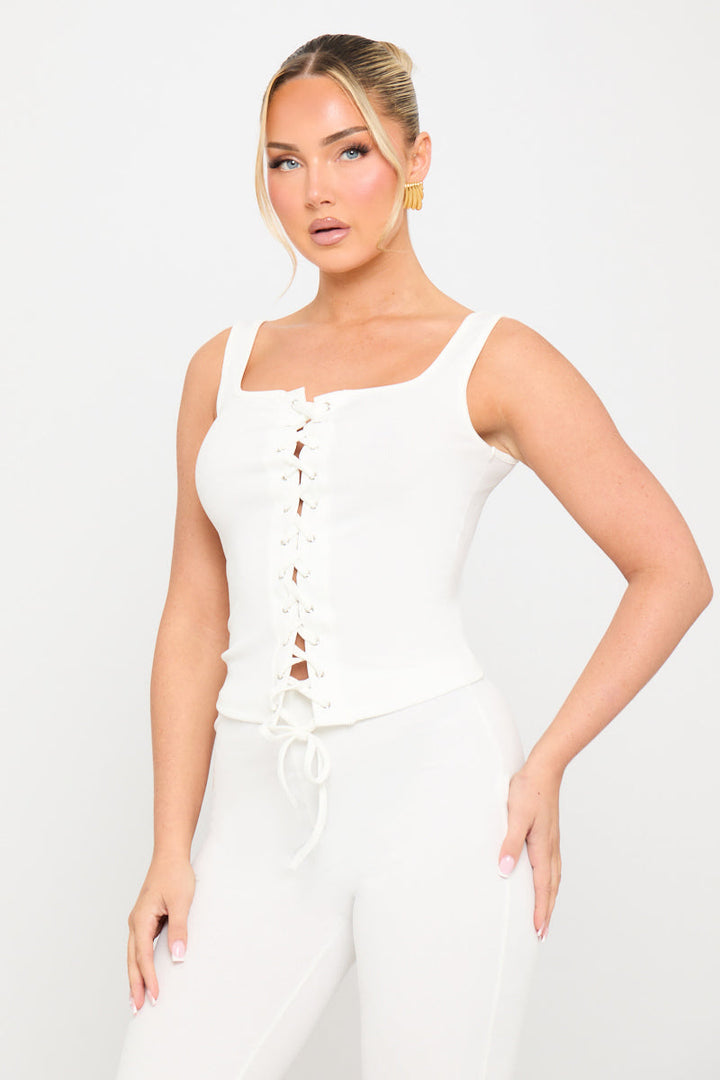 Valantomode | Chic White Corset Tie Top & Capri Pants Set