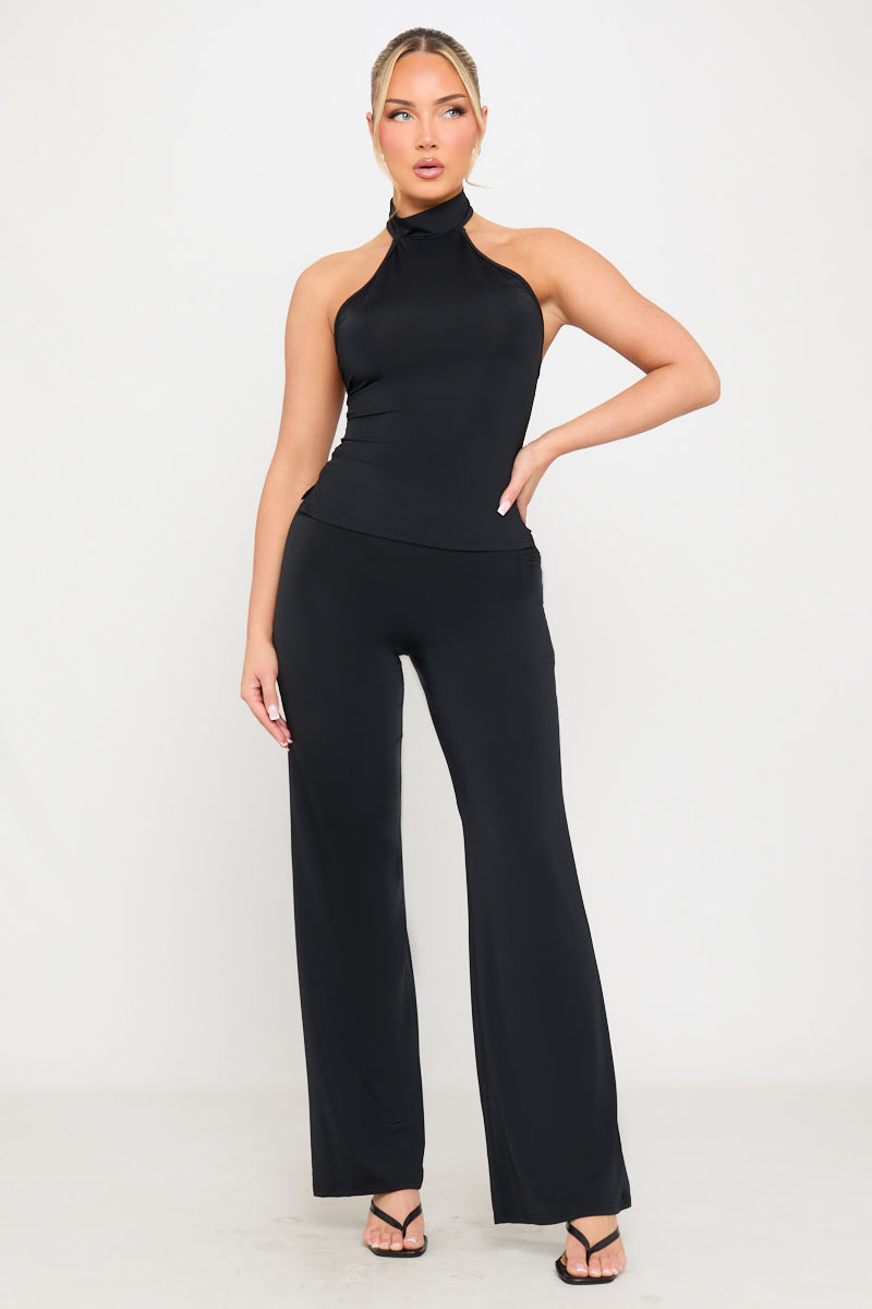 Valantomode | Chic Black Halter Top & Flowy Wide Leg Trousers Set