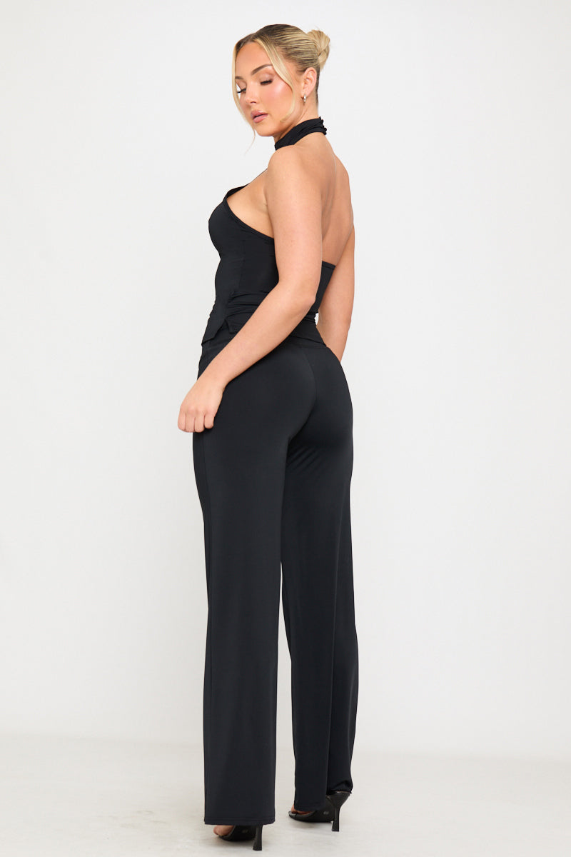 Valantomode | Chic Black Halter Top & Flowy Wide Leg Trousers Set