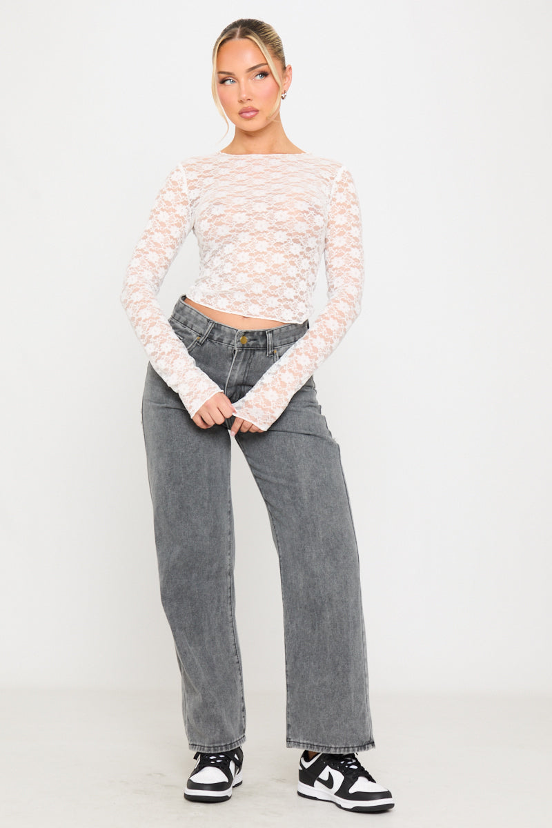 Valantomode | Elegant White Floral Lace Long Sleeve Blouse