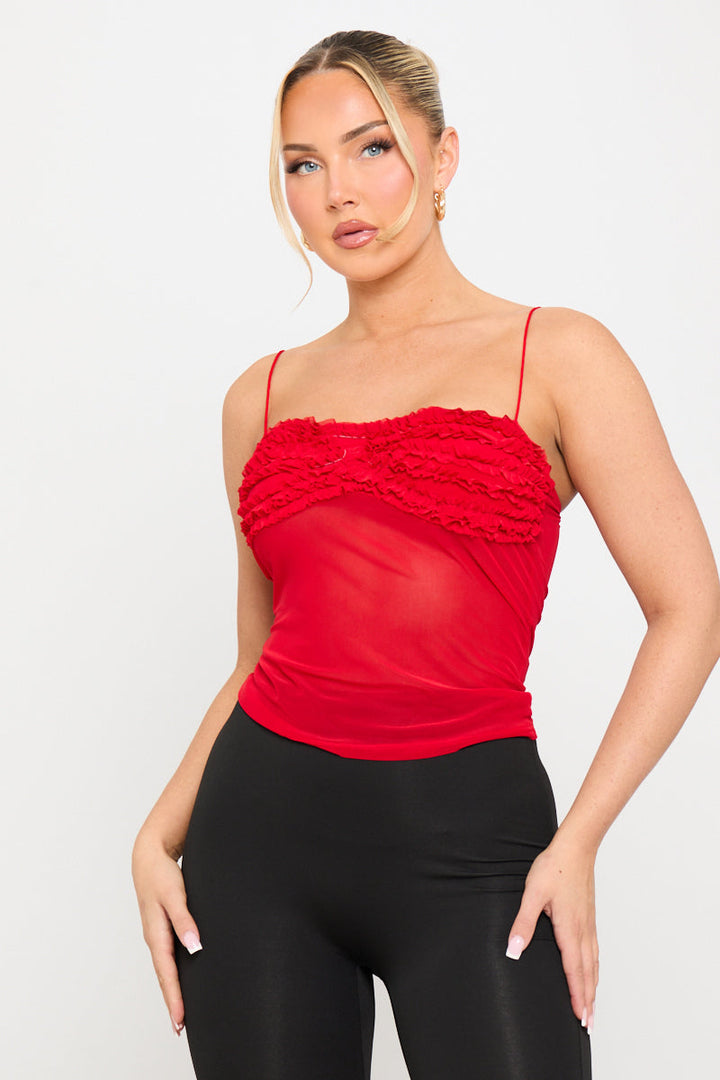 Valantomode | Chic Red Ruffle Strappy Mesh Camisole Top