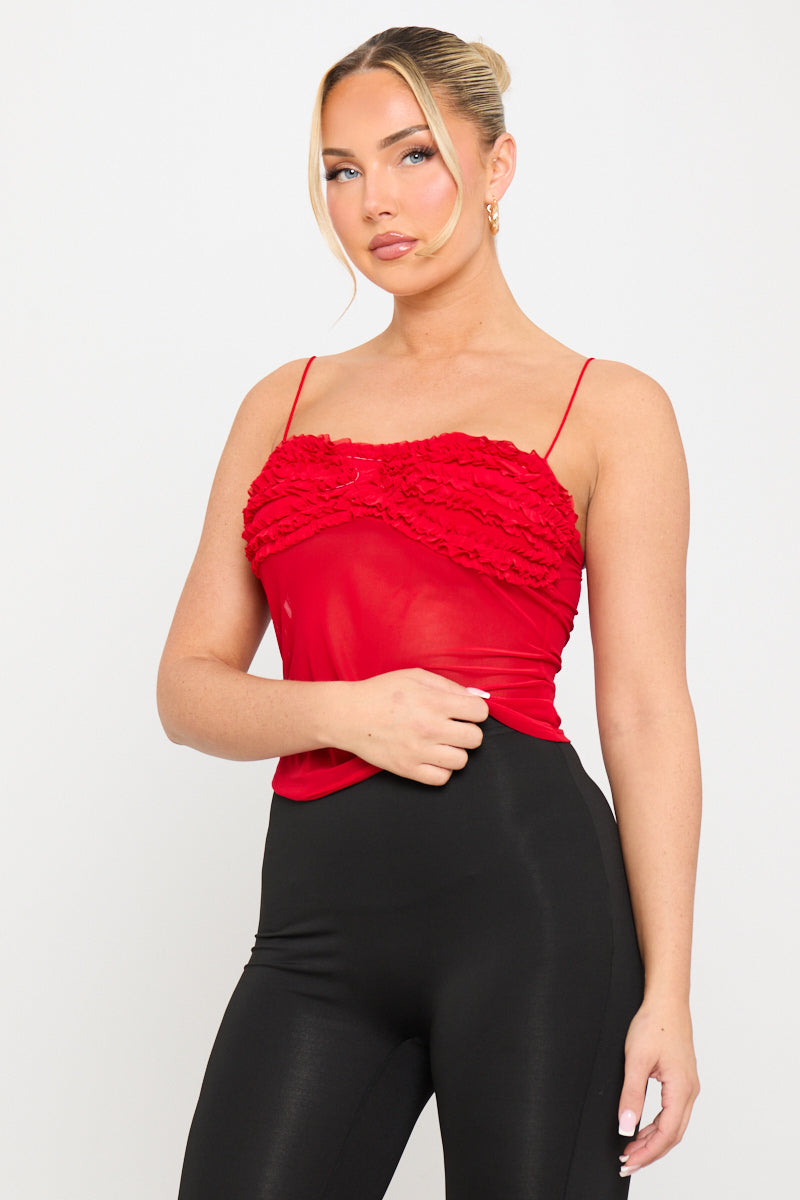 Valantomode | Chic Red Ruffle Strappy Mesh Camisole Top