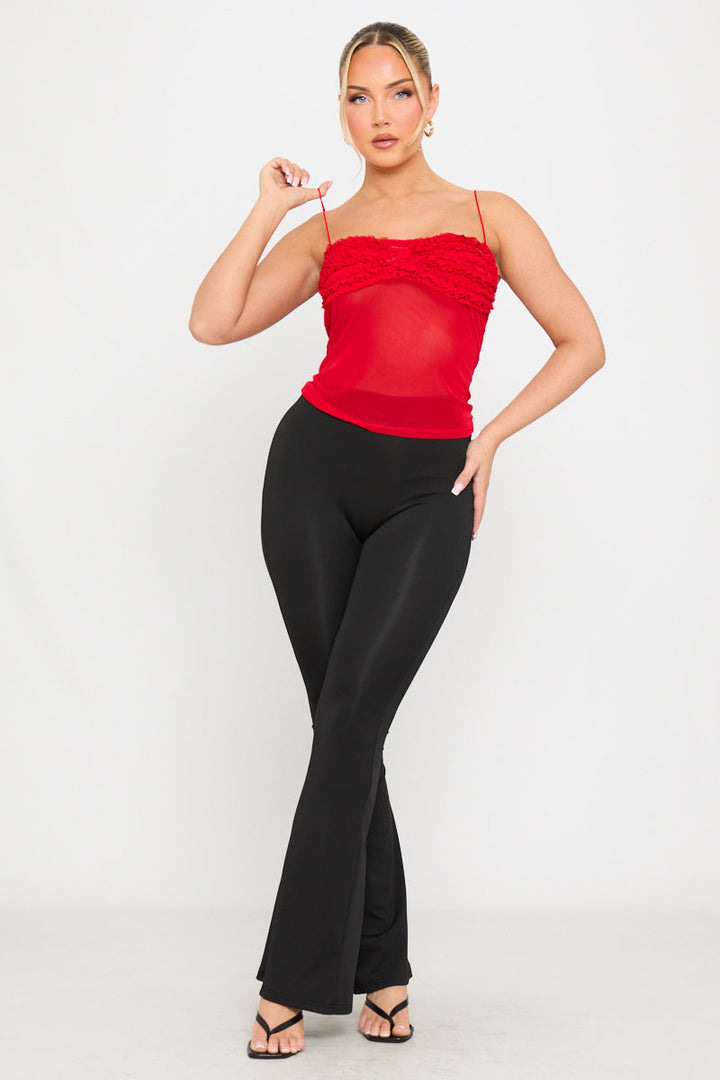 Valantomode | Chic Red Ruffle Strappy Mesh Camisole Top