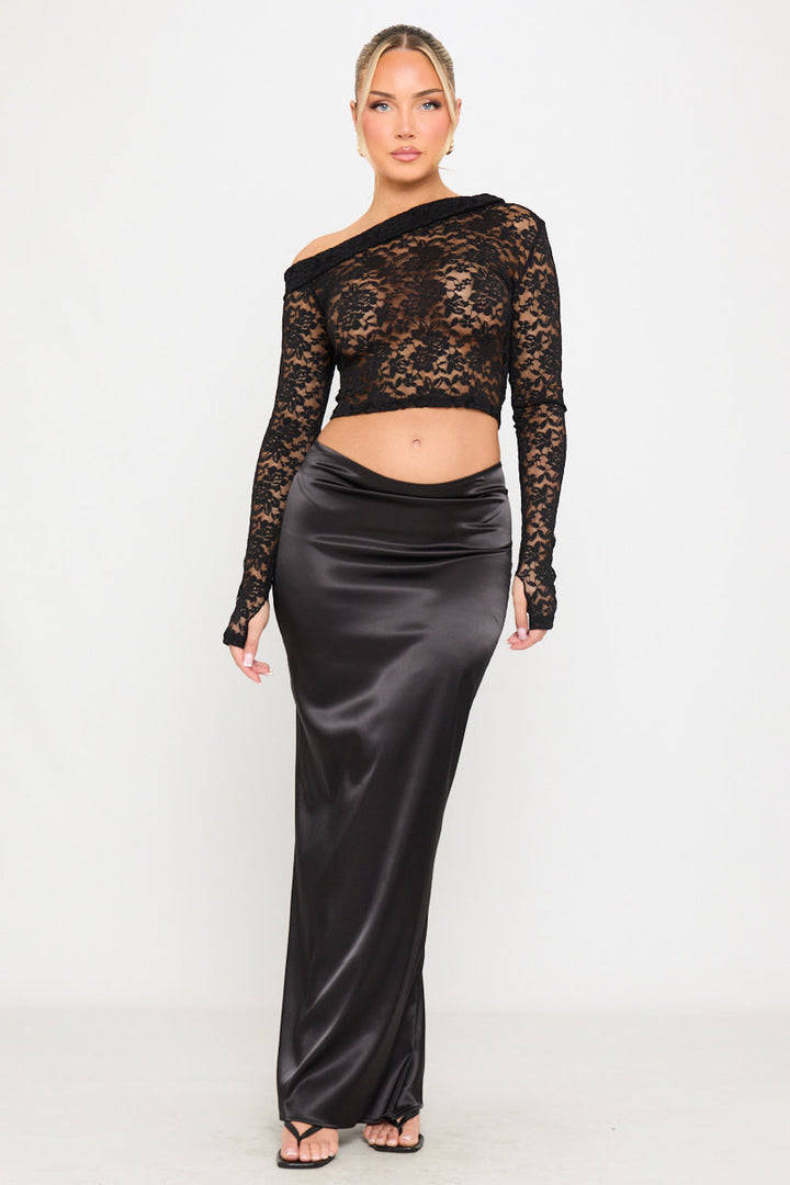 Valantomode | Elegant One Shoulder Black Floral Lace Long Sleeve Top
