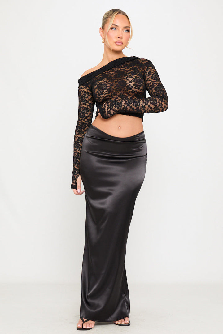 Valantomode | Elegant One Shoulder Black Floral Lace Long Sleeve Top