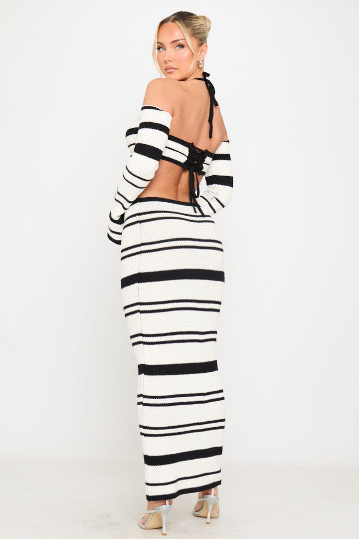 Valantomode | Chic Black Crochet Off-Shoulder Top & Maxi Skirt Set