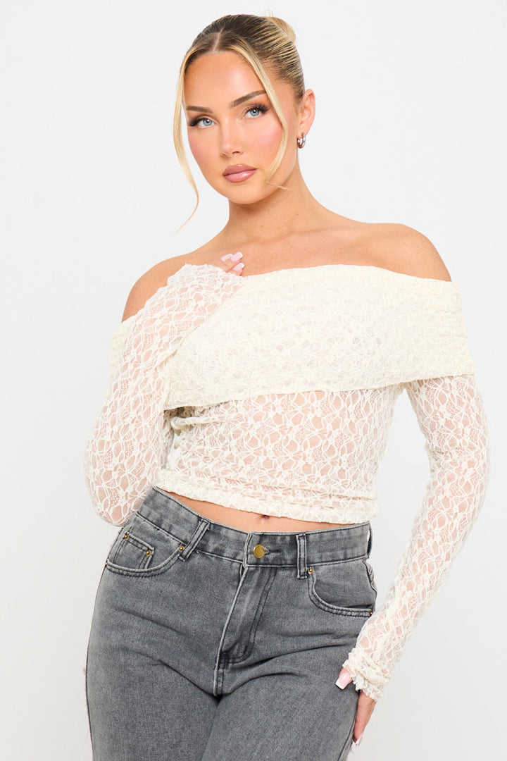 Valantomode | Elegant Off-Shoulder Cream Lace Fold Over Top