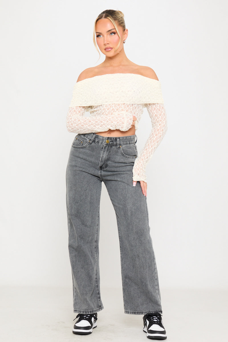 Valantomode | Elegant Off-Shoulder Cream Lace Fold Over Top