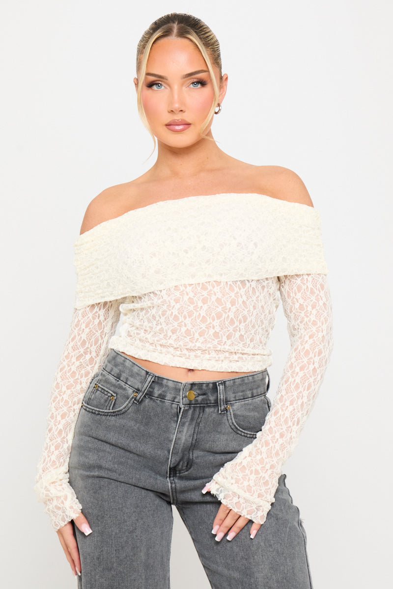 Valantomode | Elegant Off-Shoulder Cream Lace Fold Over Top