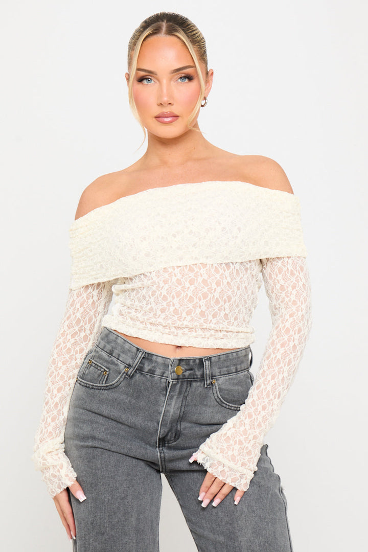 Valantomode | Elegant Off-Shoulder Cream Lace Fold Over Top