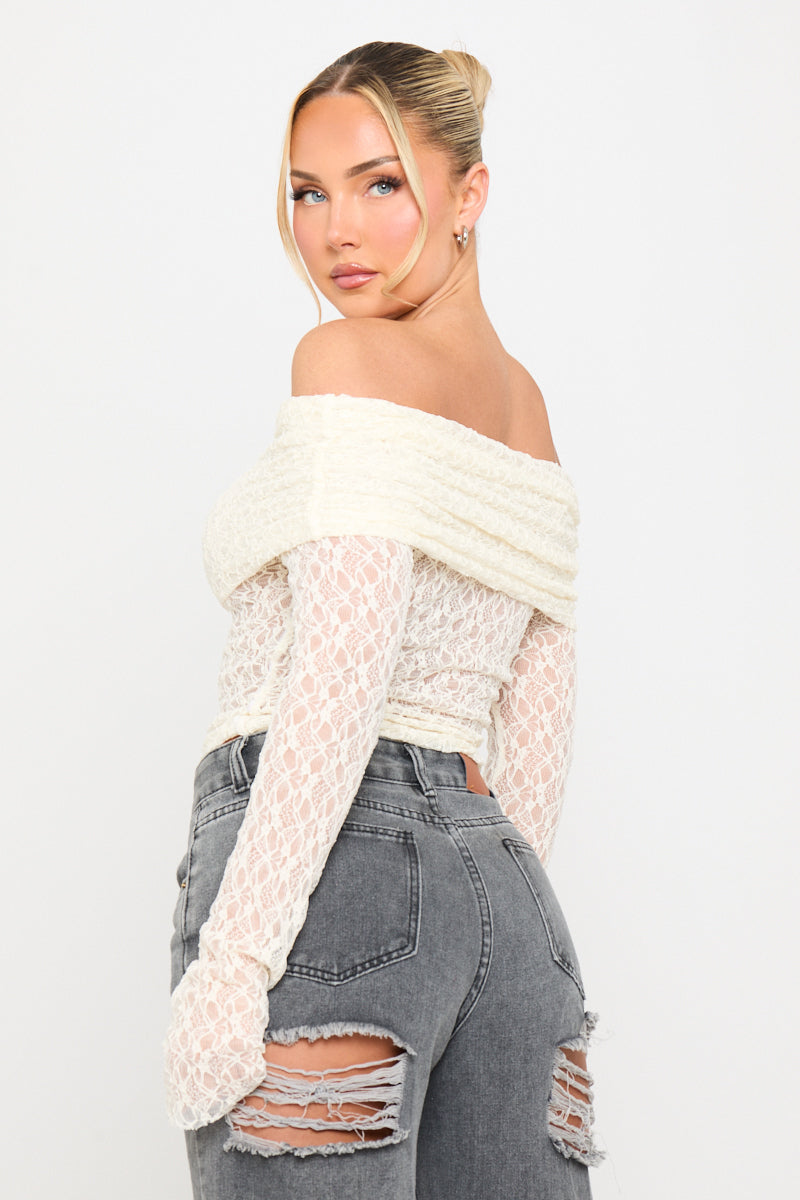 Valantomode | Elegant Off-Shoulder Cream Lace Fold Over Top