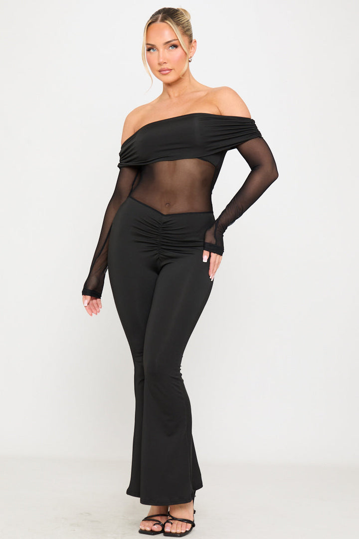 Valantomode | Elegant Black Sheer Off-Shoulder Long Sleeve Jumpsuit