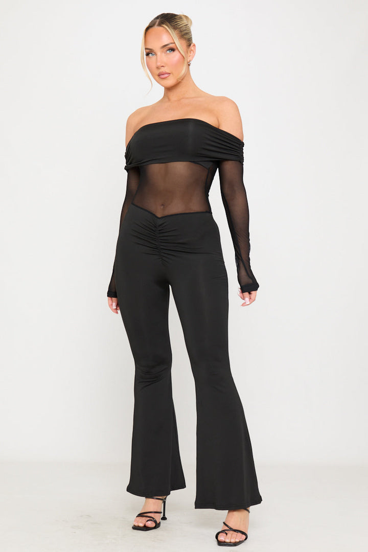Valantomode | Elegant Black Sheer Off-Shoulder Long Sleeve Jumpsuit