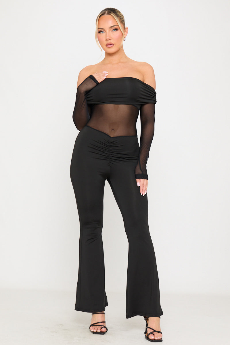 Valantomode | Elegant Black Sheer Off-Shoulder Long Sleeve Jumpsuit