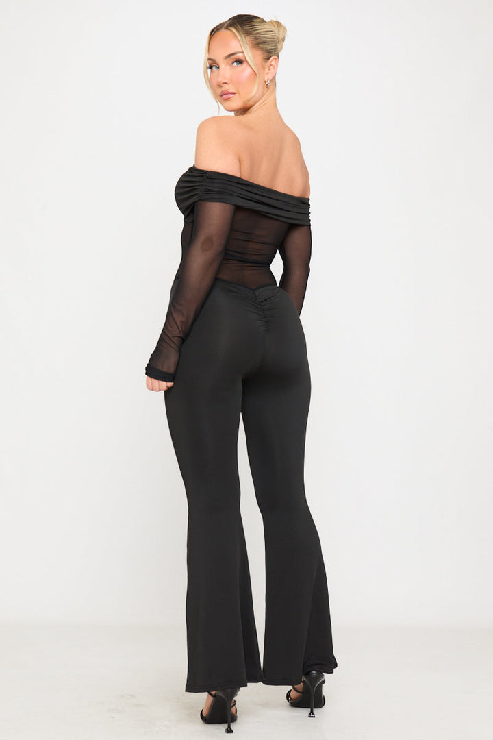 Valantomode | Elegant Black Sheer Off-Shoulder Long Sleeve Jumpsuit