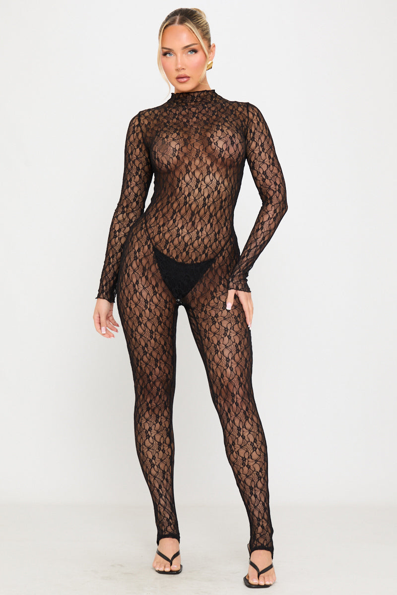 Valantomode | Elegant Black Sheer Lace High Neck Long Sleeve Jumpsuit