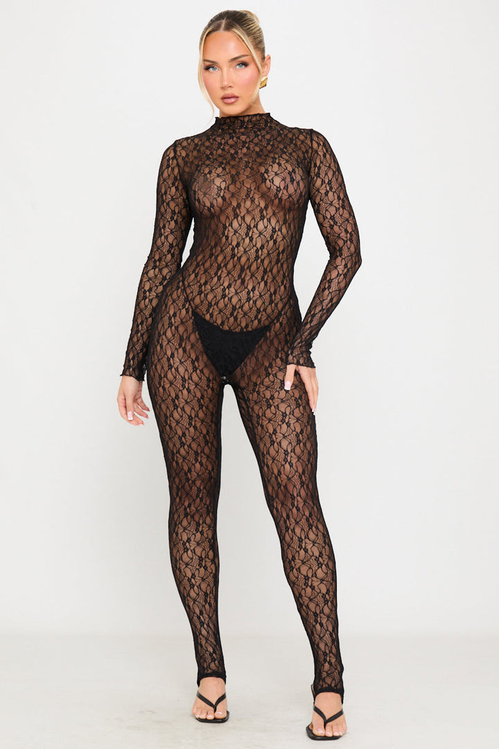 Valantomode | Elegant Black Sheer Lace High Neck Long Sleeve Jumpsuit