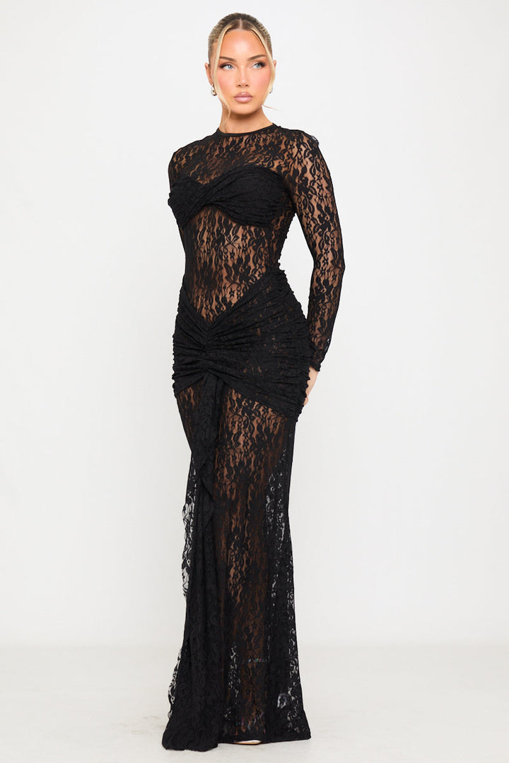 Valantomode | Elegant Black Sheer Lace Long Sleeve Maxi Dress