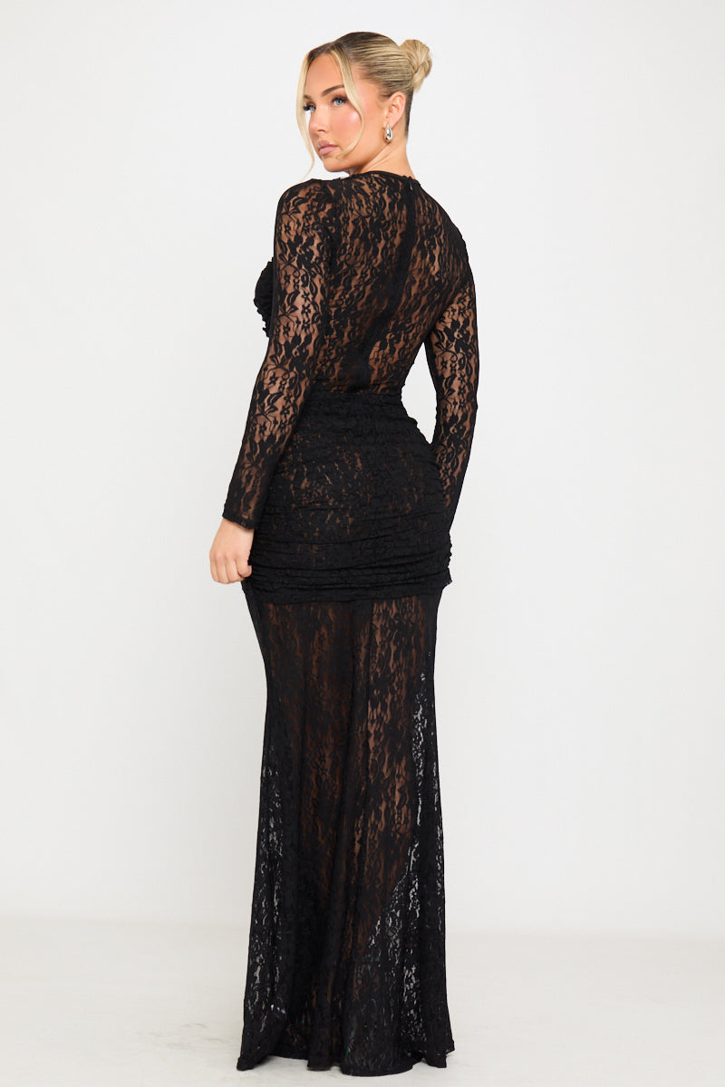 Valantomode | Elegant Black Sheer Lace Long Sleeve Maxi Dress