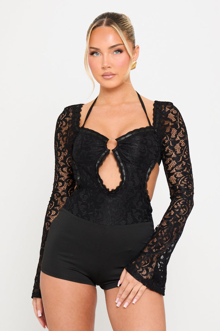 Valantomode | Chic Black Lace Long Sleeve Cut-Out Playsuit