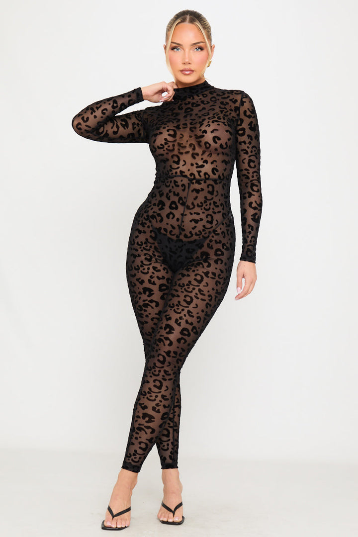 Valantomode | Sheer Black Leopard High Neck Jumpsuit for Chic Style