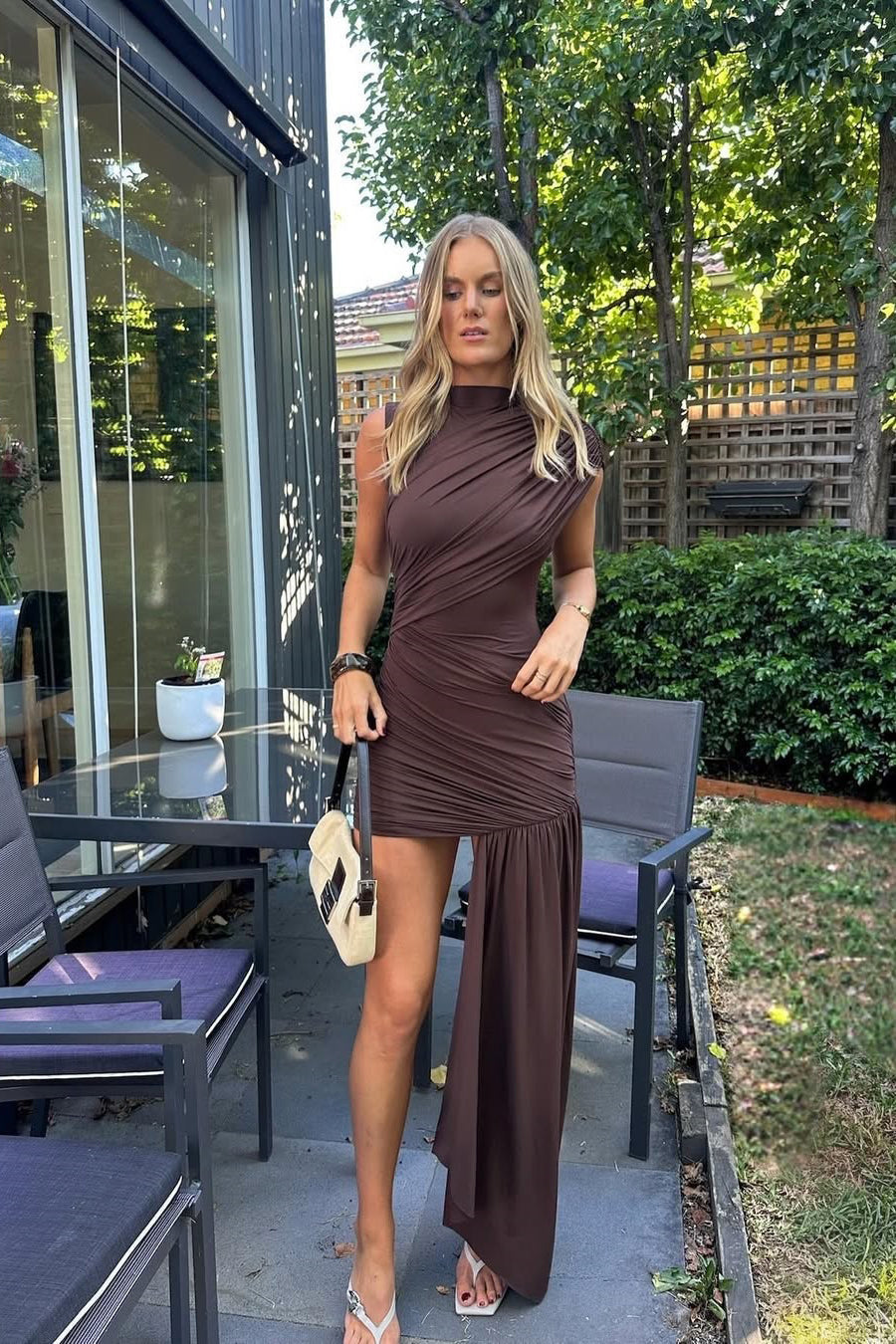 Valantomode | Chic Brown Ruched High Neck Mini Dress for Effortless Style