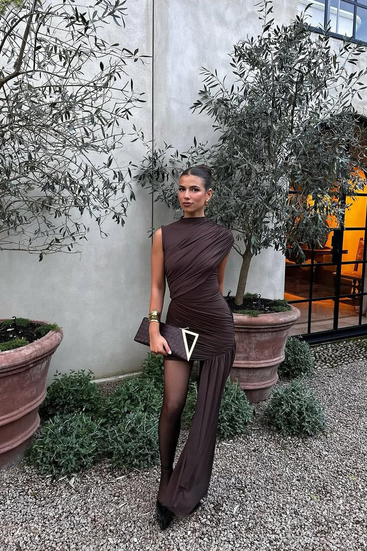 Valantomode | Chic Brown Ruched High Neck Mini Dress for Effortless Style