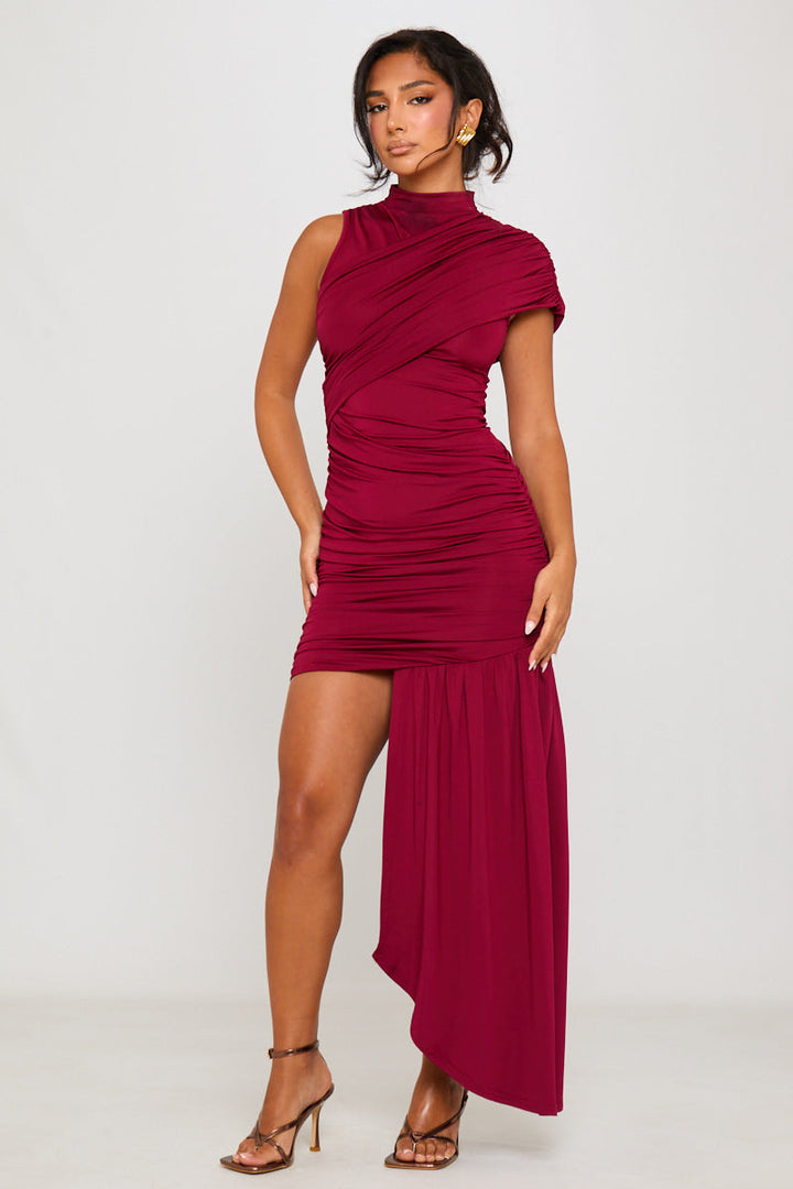 Valantomode | Elegant Burgundy Ruched High Neck Mini Dress