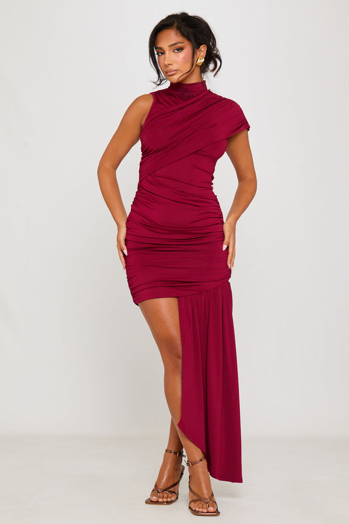 Valantomode | Elegant Burgundy Ruched High Neck Mini Dress