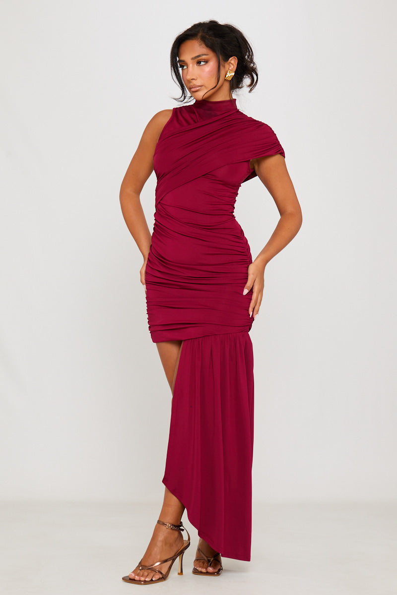 Valantomode | Elegant Burgundy Ruched High Neck Mini Dress