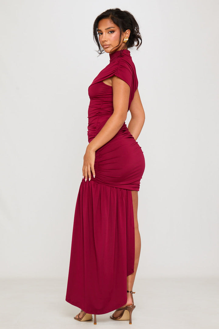 Valantomode | Elegant Burgundy Ruched High Neck Mini Dress