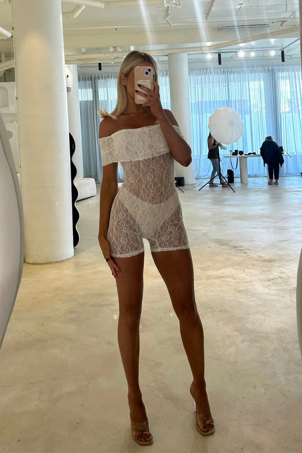 Valantomode | Off Shoulder White Lace Playsuit with Fold Over Design