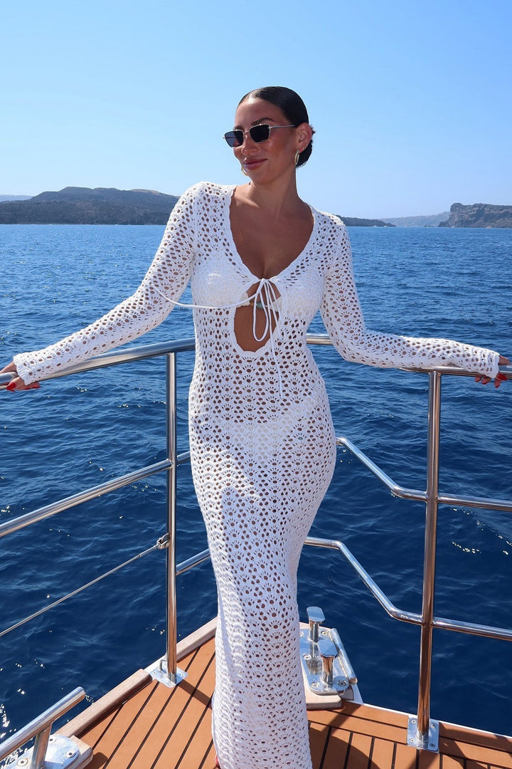 Valantomode | Elegant White Crochet Tie-Front Maxi Dress with Long Sleeves