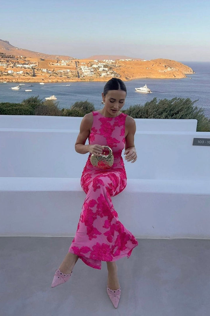Valantomode | Elegant Pink Floral Maxi Dress with Embroidery