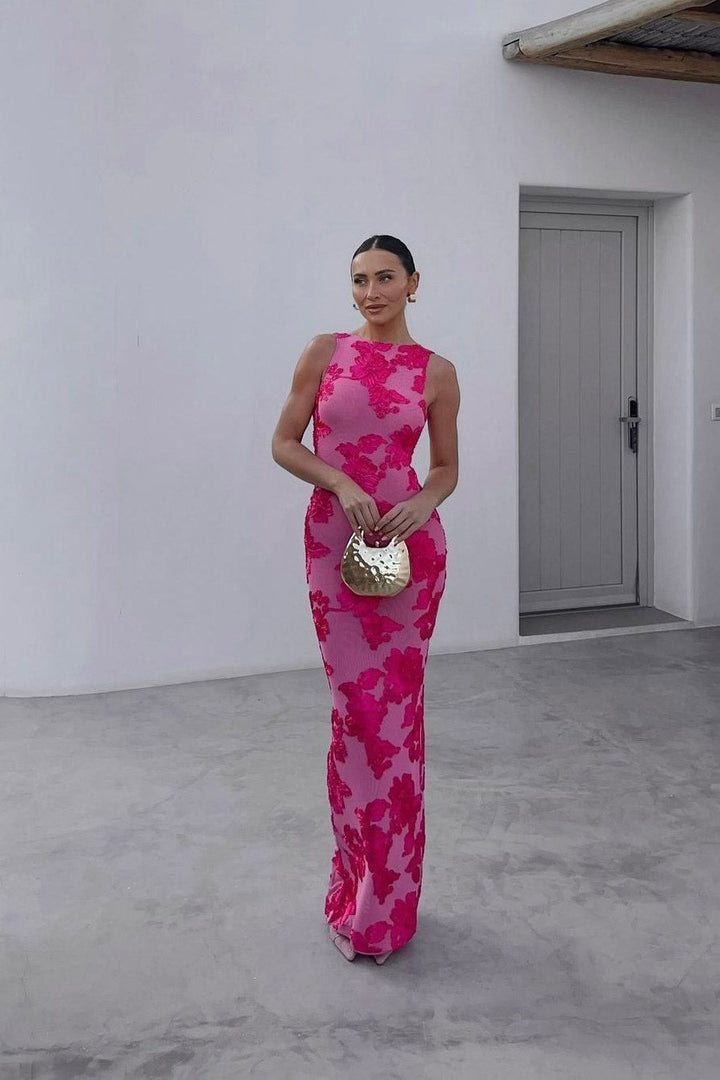 Valantomode | Elegant Pink Floral Maxi Dress with Embroidery