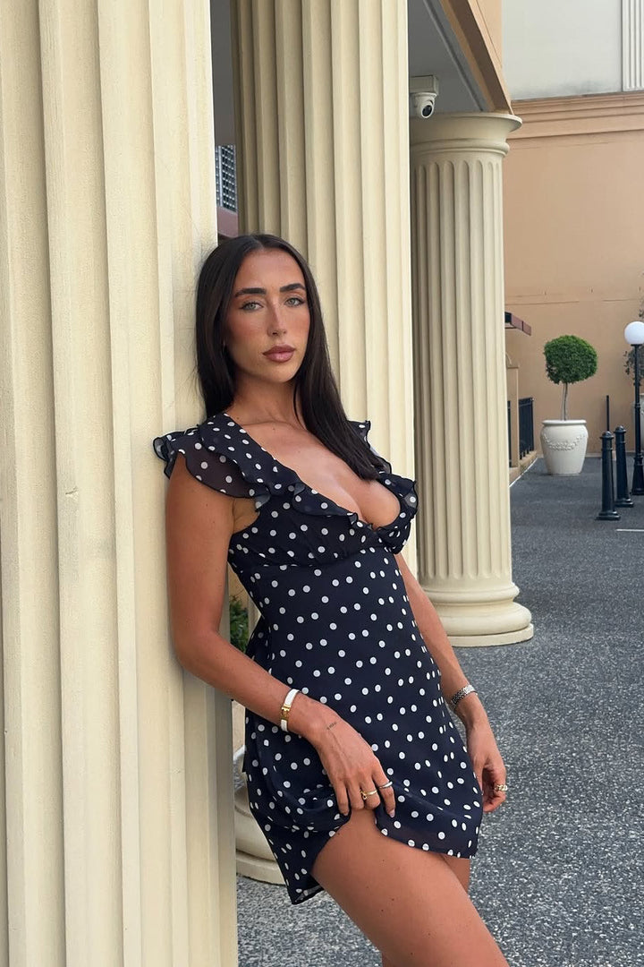 Valantomode | Chic Black Polka Dot Mini Dress with Ruffle Trim