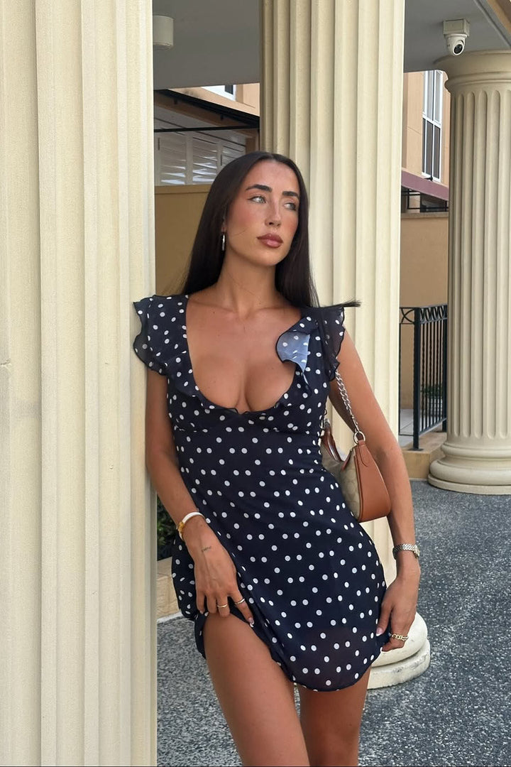 Valantomode | Chic Black Polka Dot Mini Dress with Ruffle Trim