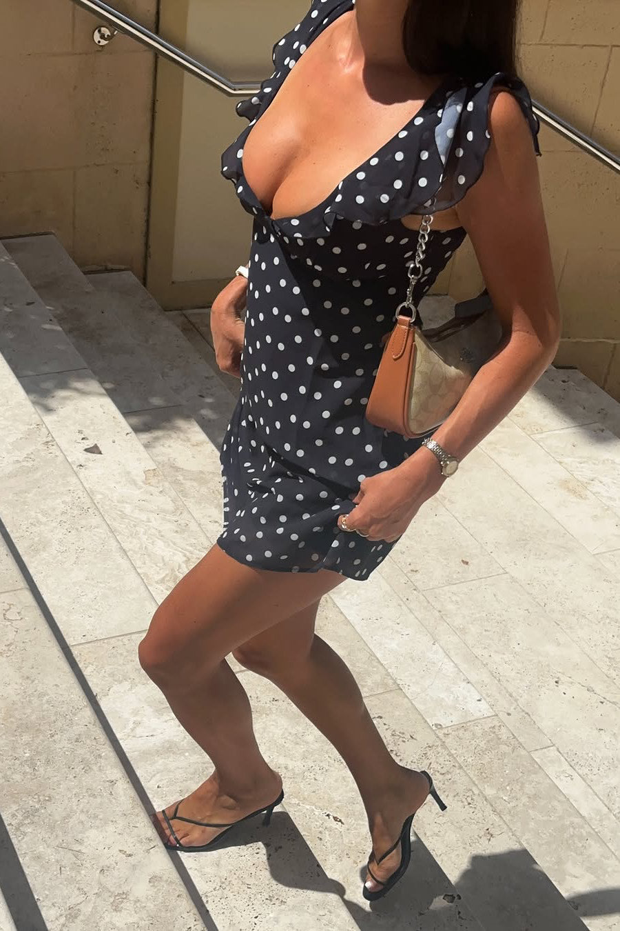Valantomode | Chic Black Polka Dot Mini Dress with Ruffle Trim