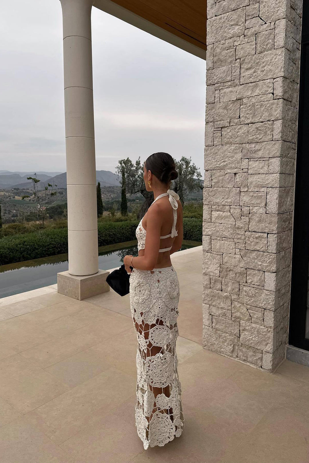 Valantomode | Elegant White Crochet Halter Neck Maxi Dress with Cut Outs