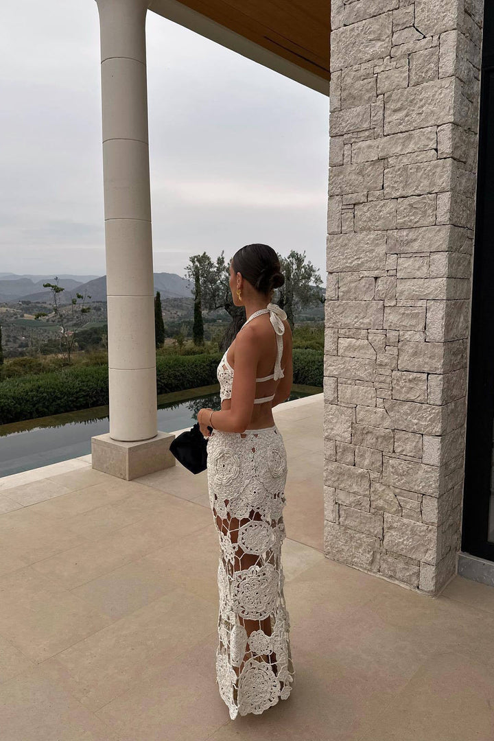 Valantomode | Elegant White Crochet Halter Neck Maxi Dress with Cut Outs