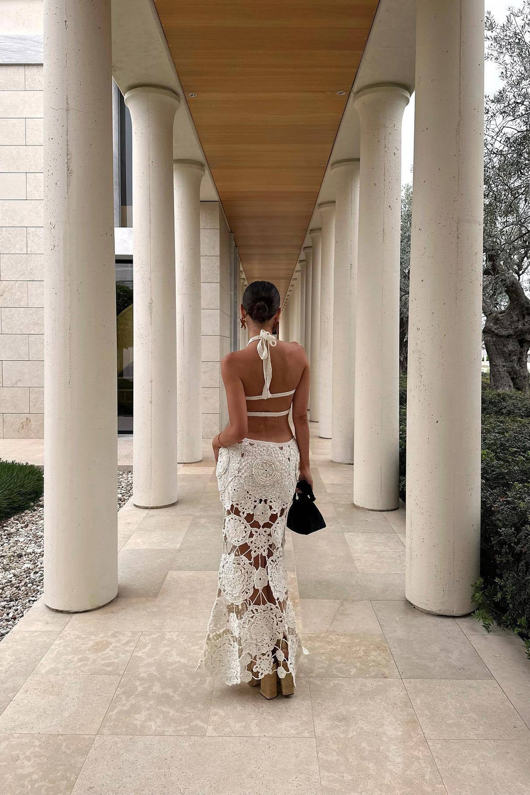 Valantomode | Elegant White Crochet Halter Neck Maxi Dress with Cut Outs