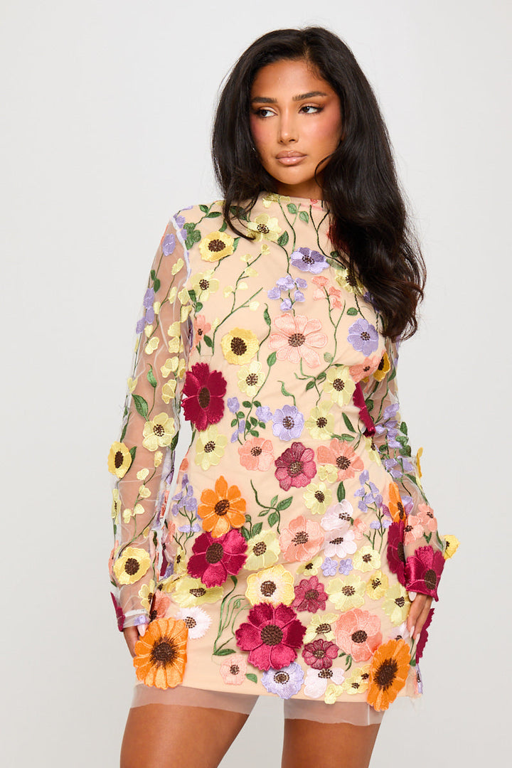 Valantomode | Embroidered Open Back Mini Dress in Nude Floral Design