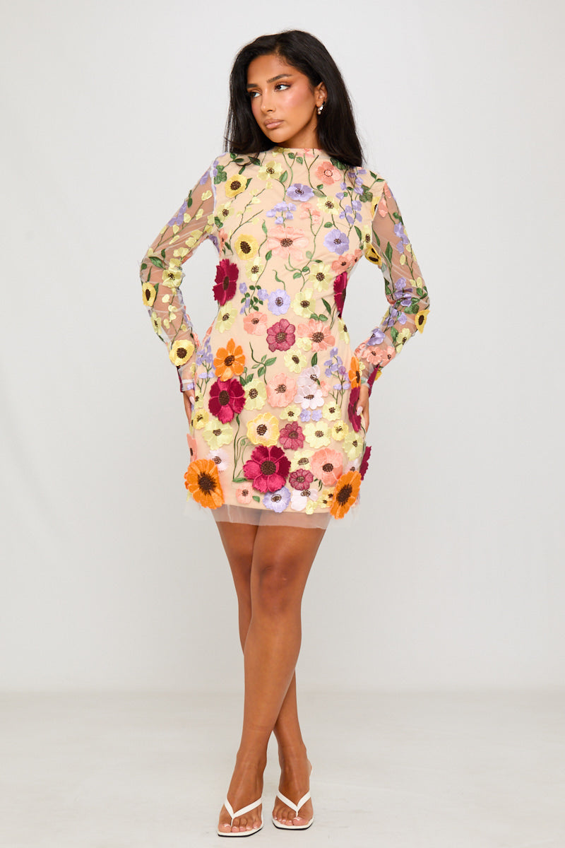 Valantomode | Embroidered Open Back Mini Dress in Nude Floral Design
