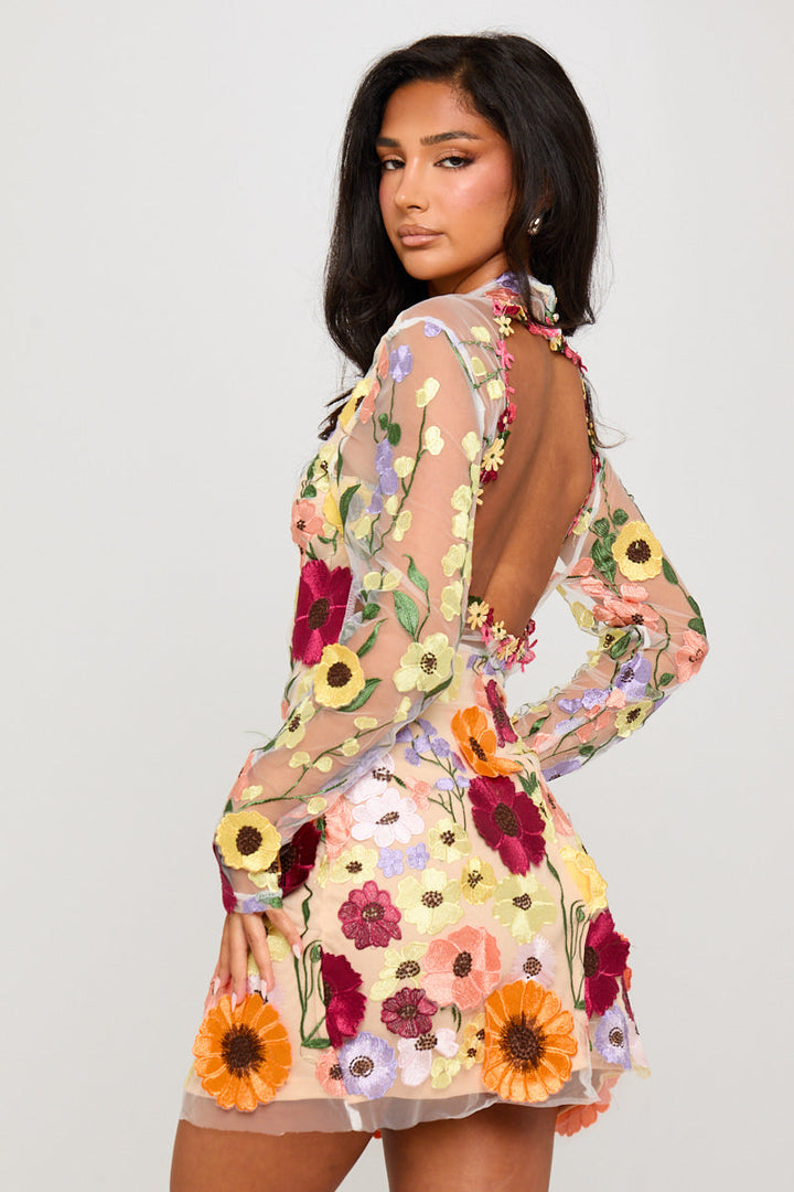 Valantomode | Embroidered Open Back Mini Dress in Nude Floral Design