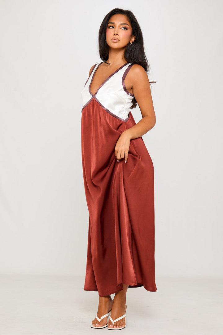 Valantomode | Elegant Brown Satin V-Neck Sleeveless Maxi Dress
