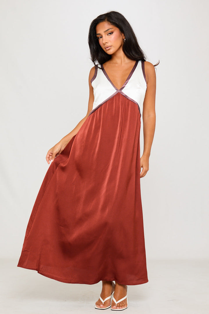 Valantomode | Elegant Brown Satin V-Neck Sleeveless Maxi Dress