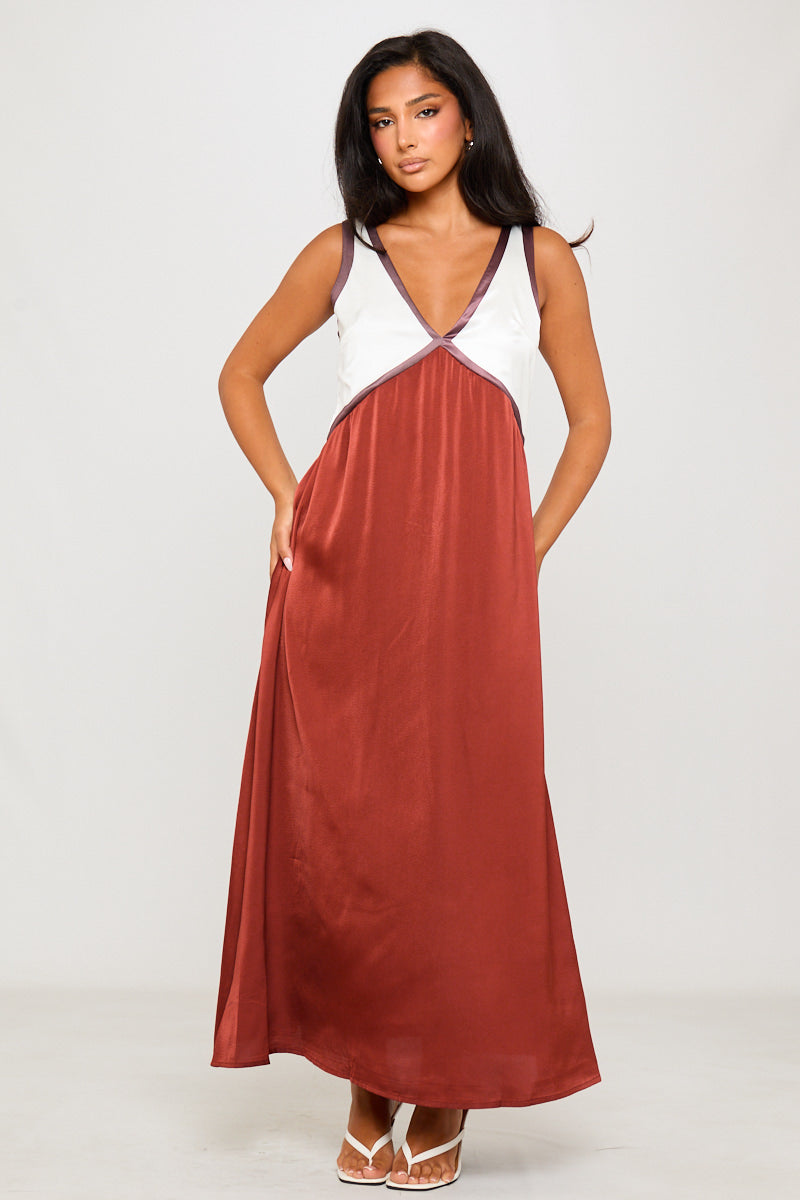 Valantomode | Elegant Brown Satin V-Neck Sleeveless Maxi Dress